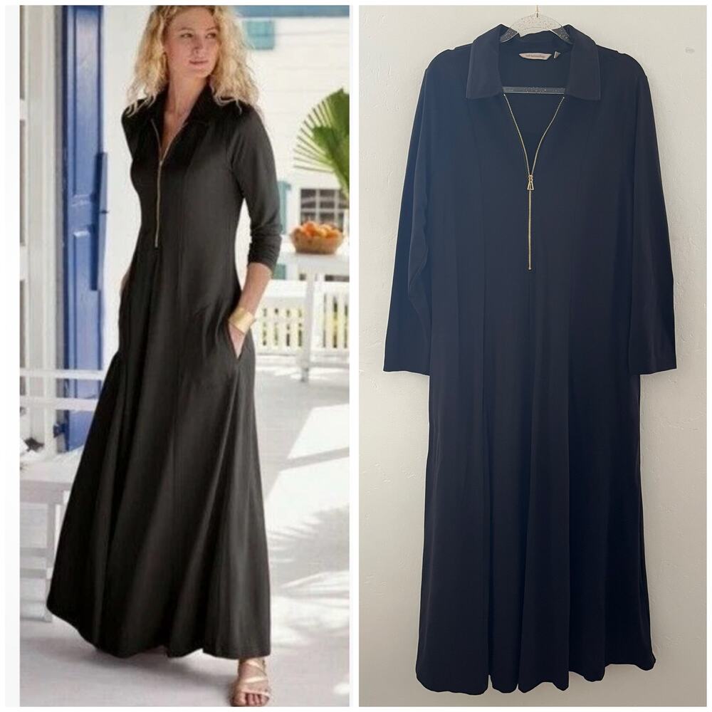 Soft Surroundings Swingtime Maxi Dress Plus Size 1X Black Zip Minimalist Modest